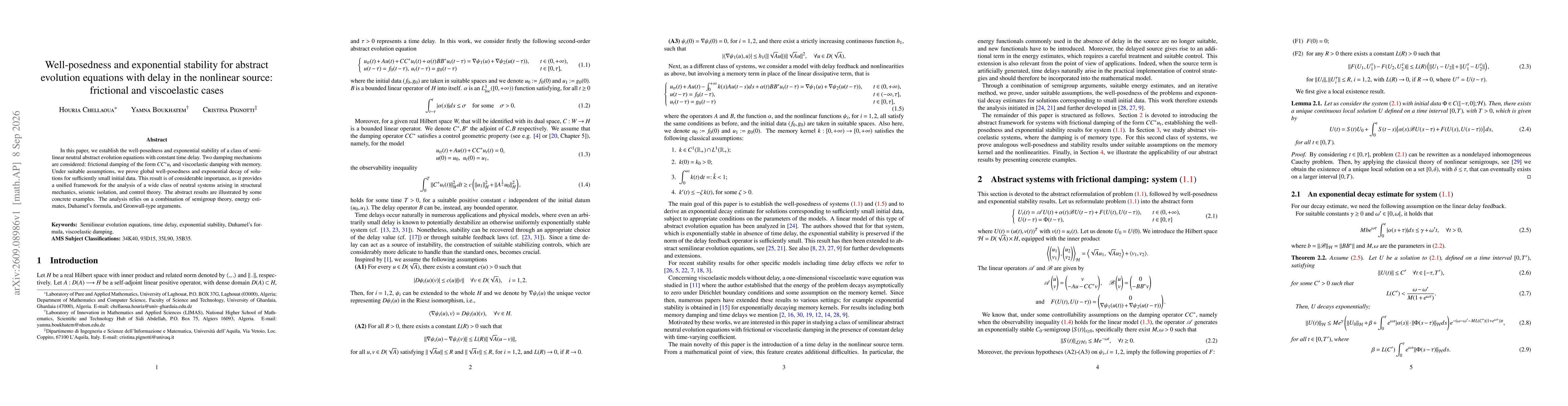 Thumbnail for Well-posedness and exponential stability for abstract evolution equations with delay in the nonlinear source: frictional and viscoelastic cases