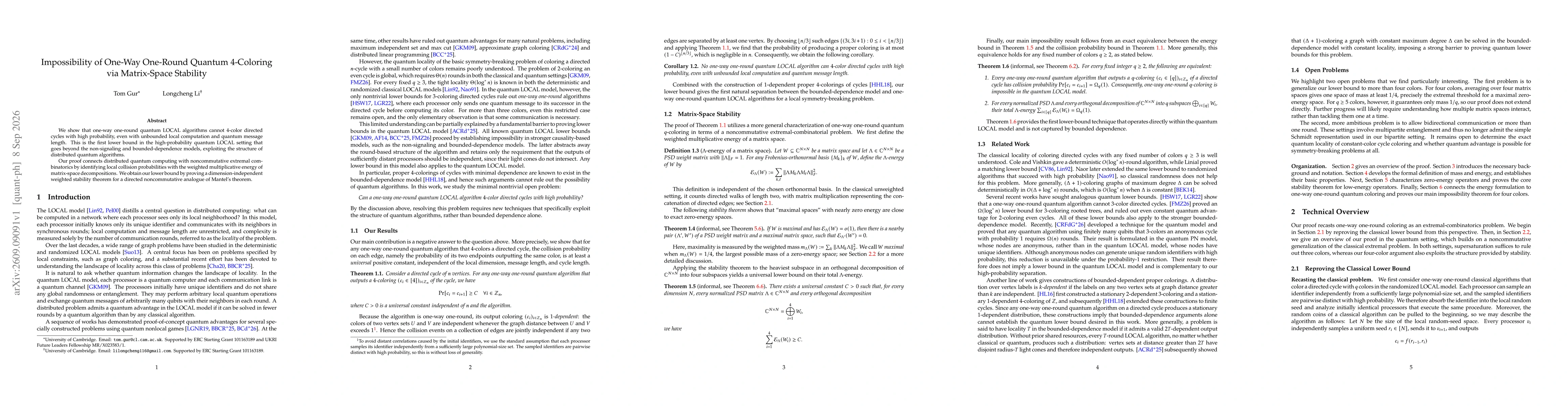 Thumbnail for Impossibility of One-Way One-Round Quantum 4-Coloring via Matrix-Space Stability