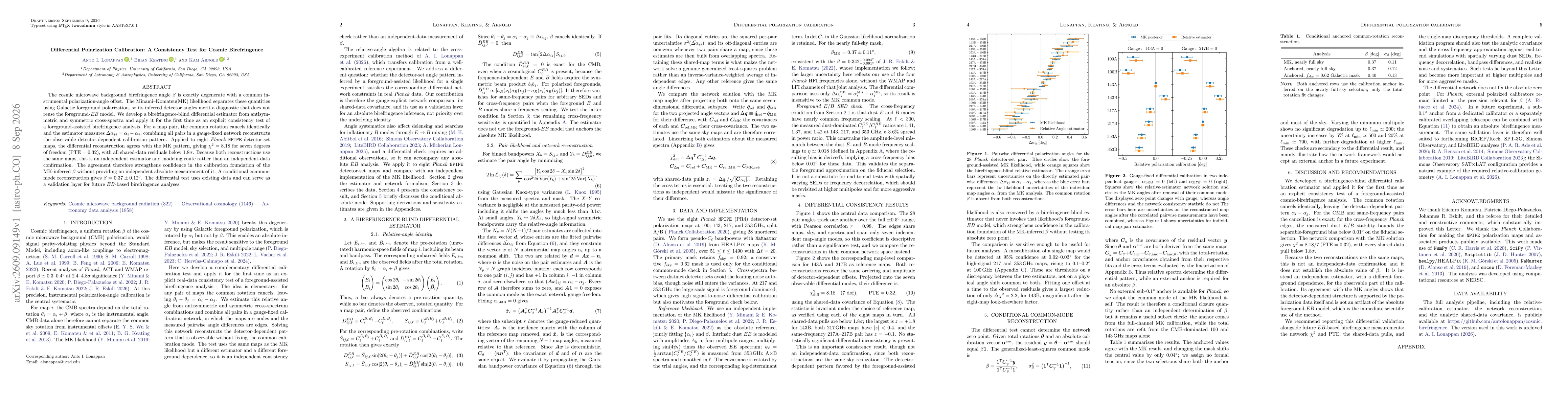 Thumbnail for Differential Polarization Calibration: A Consistency Test for Cosmic Birefringence