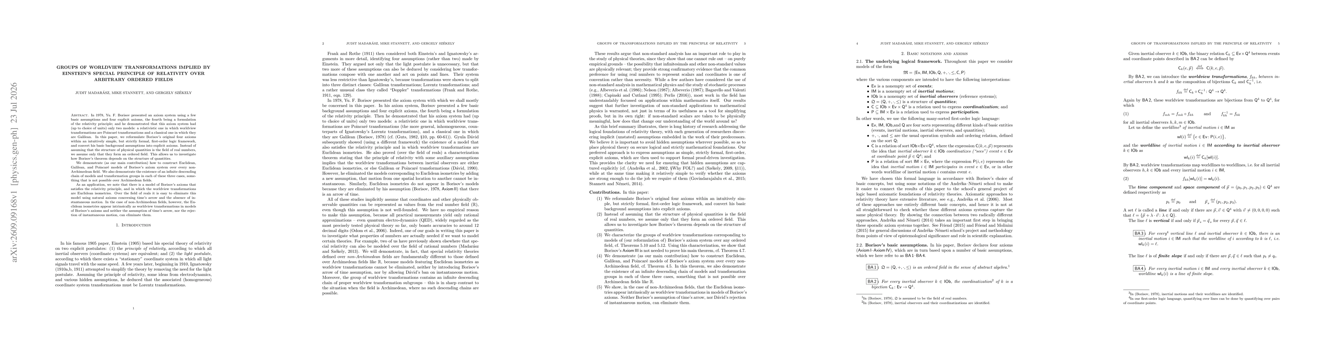 Thumbnail for Groups of Worldview Transformations Implied by Einstein's Special Principle of Relativity over Arbitrary Ordered Fields