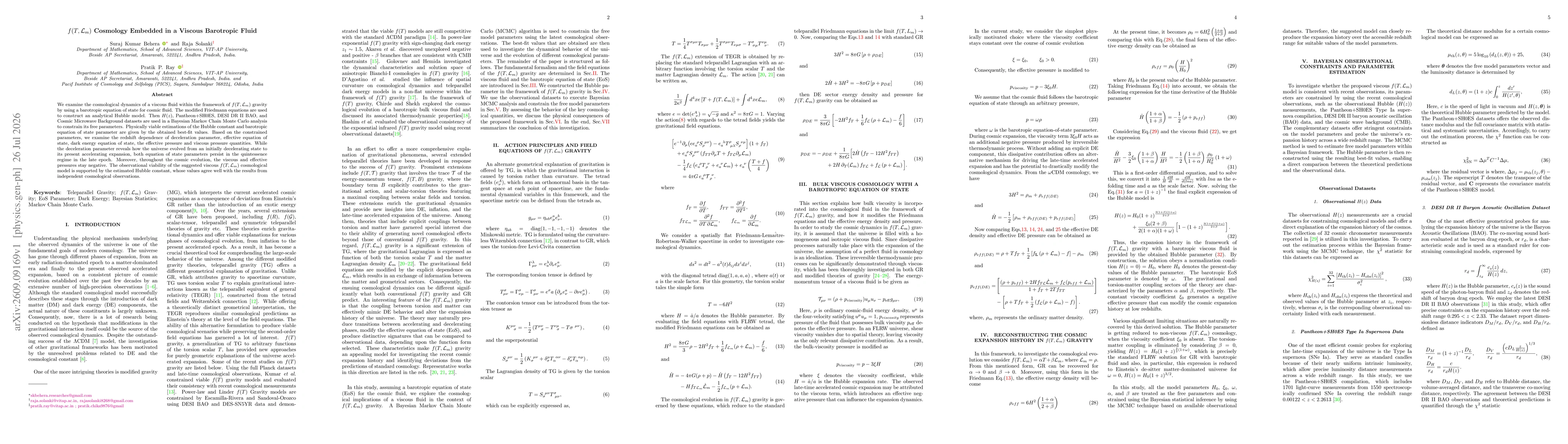 Thumbnail for $f(T,\mathcal{L}_m)$ Cosmology Embedded in a Viscous Barotropic Fluid