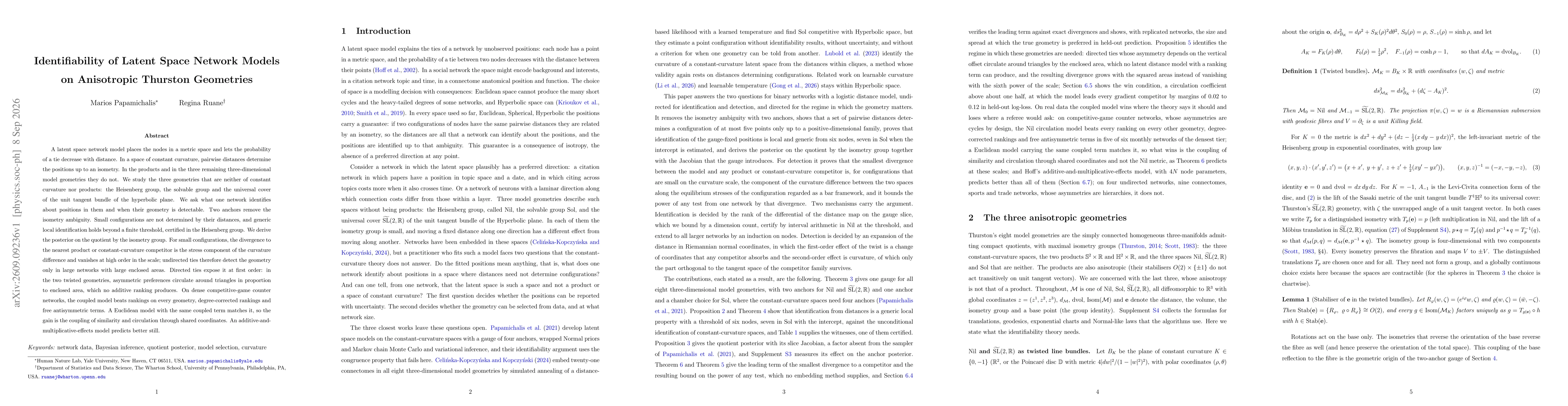 Thumbnail for Identifiability of Latent Space Network Models on Anisotropic Thurston Geometries