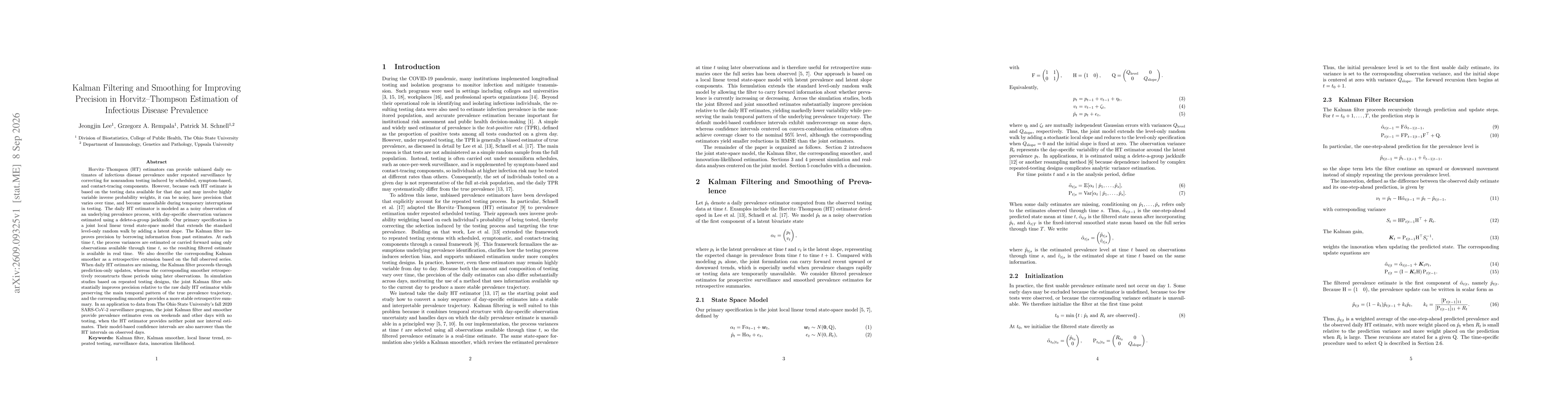Thumbnail for Kalman Filtering and Smoothing for Improving Precision in Horvitz--Thompson Estimation of Infectious Disease Prevalence