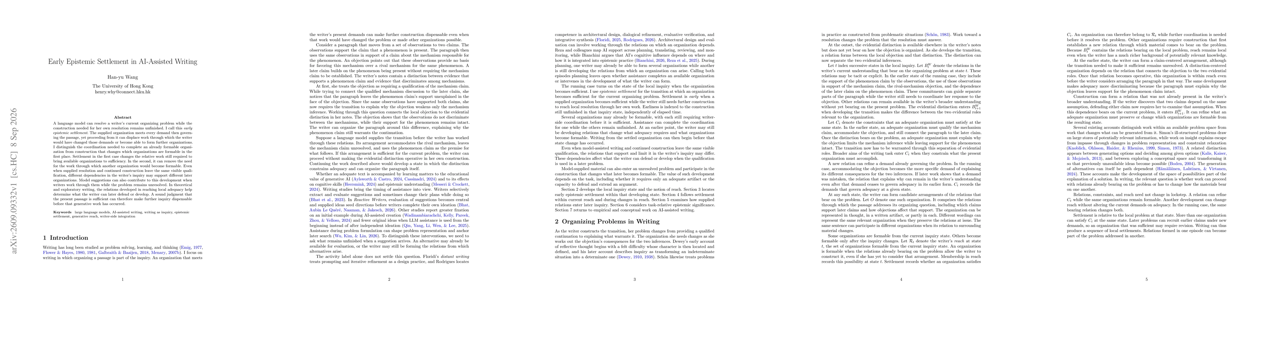 Thumbnail for Early Epistemic Settlement in AI-Assisted Writing