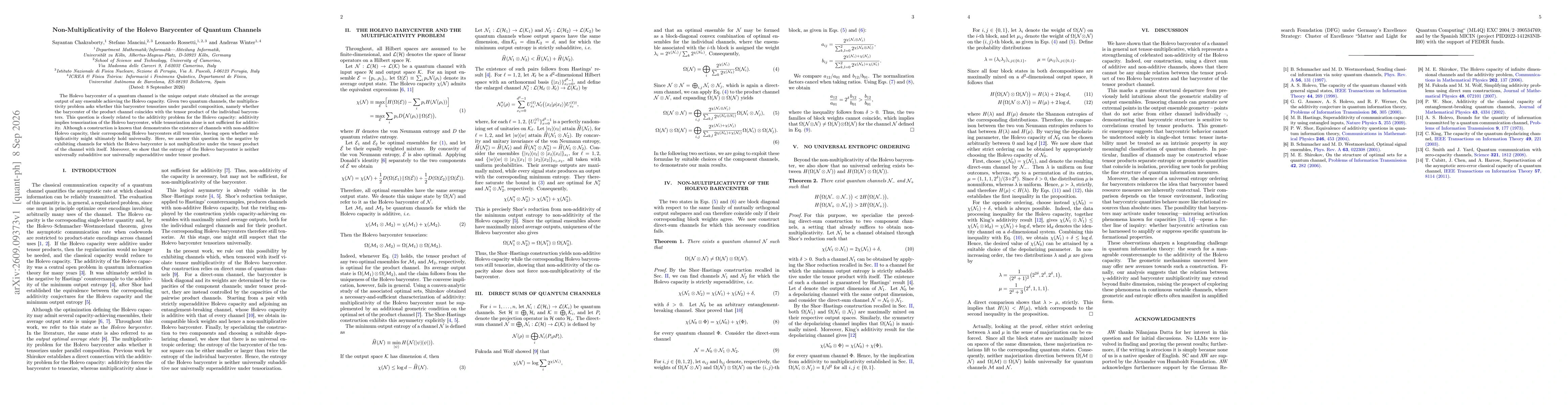 Thumbnail for Non-Multiplicativity of the Holevo Barycenter of Quantum Channels
