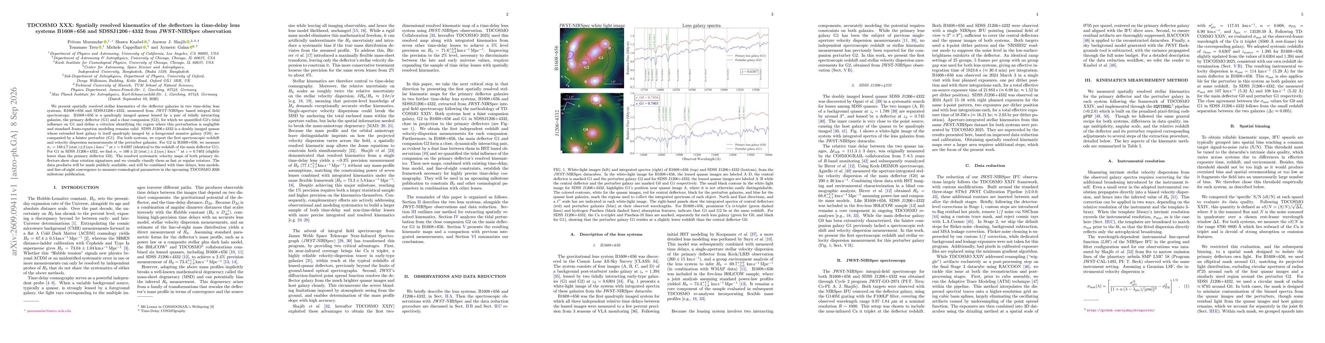 Thumbnail for TDCOSMO XXX: Spatially resolved kinematics of the deflectors in time-delay lens systems B1608+656 and SDSSJ1206+4332 from JWST-NIRSpec observation