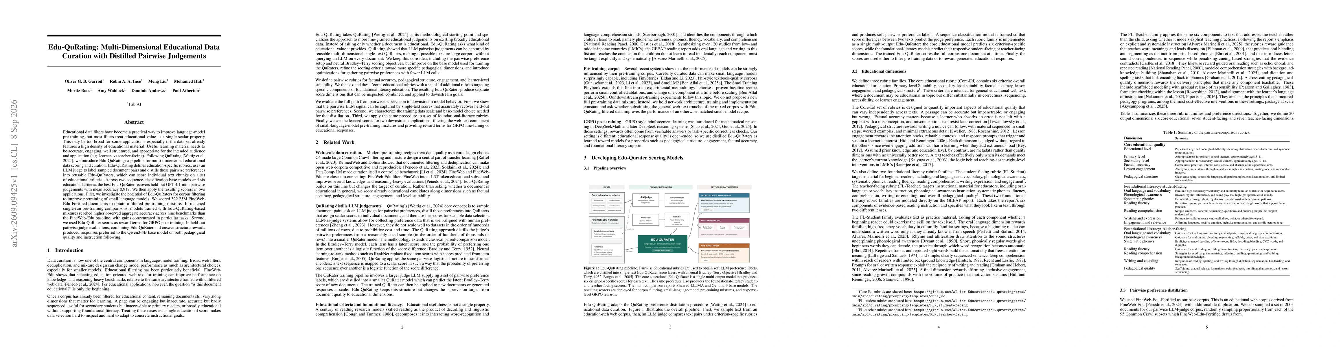 Thumbnail for Edu-QuRating: Multi-Dimensional Educational Data Curation with Distilled Pairwise Judgements