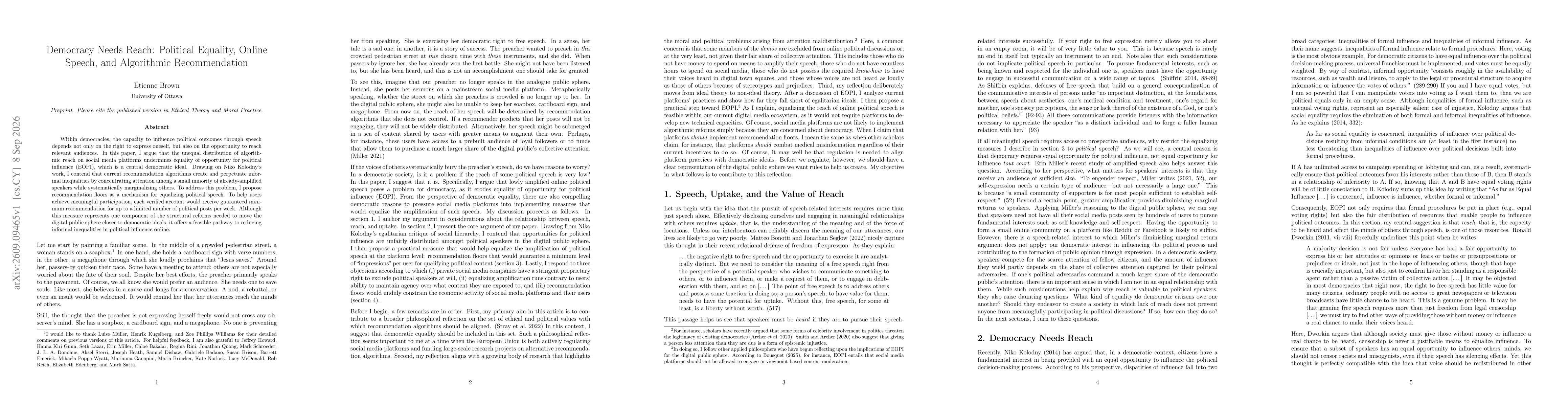 Thumbnail for Democracy Needs Reach: Political Equality, Online Speech, and Algorithmic Recommendation
