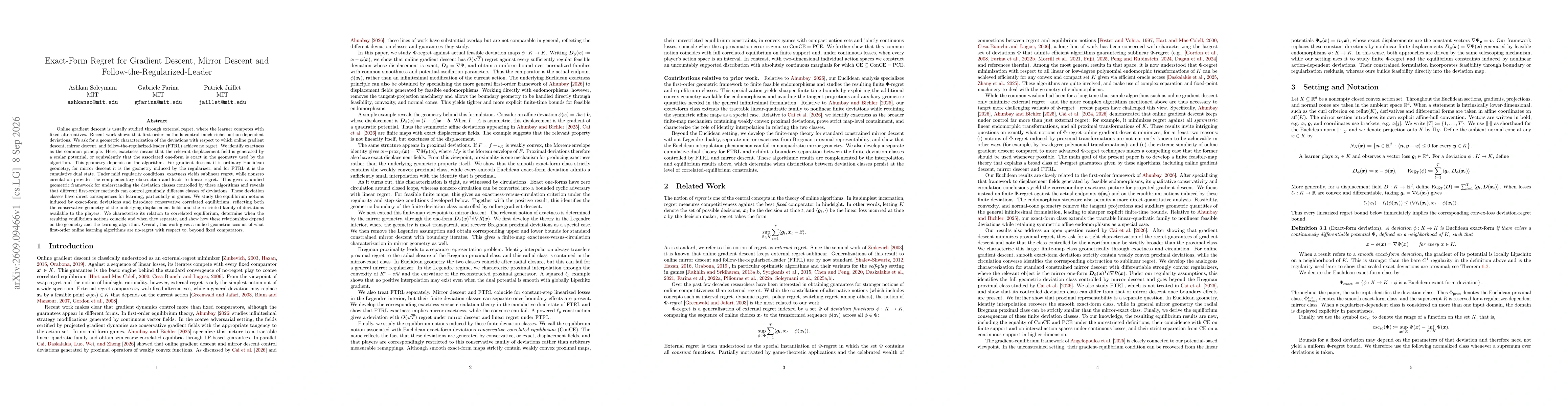 Thumbnail for Exact-Form Regret for Gradient Descent, Mirror Descent and Follow-the-Regularized-Leader