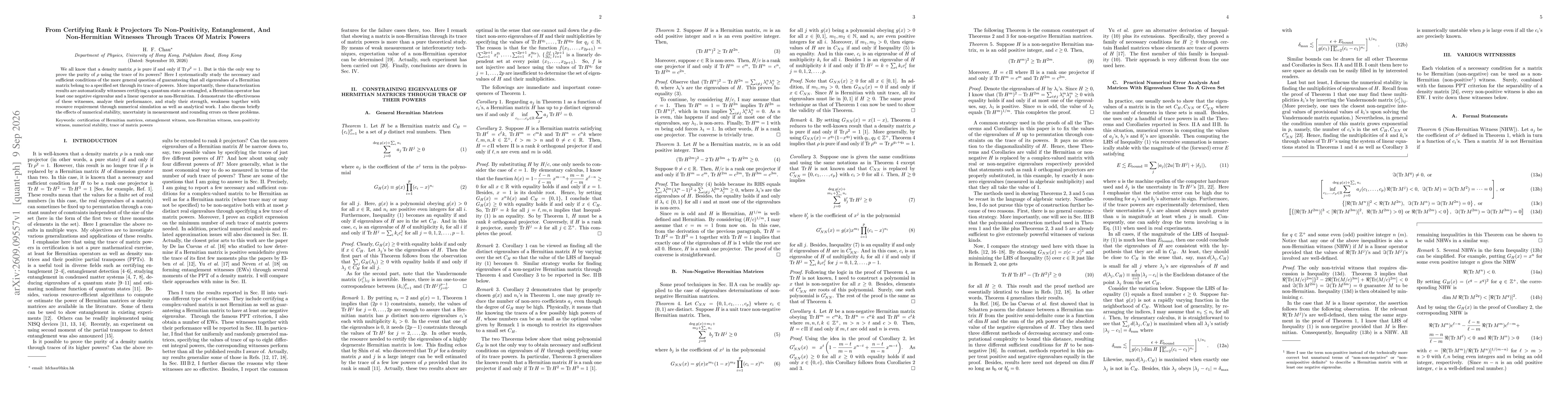 Thumbnail for From Certifying Rank $k$ Projectors To Non-Positivity, Entanglement, And Non-Hermitian Witnesses Through Traces Of Matrix Powers