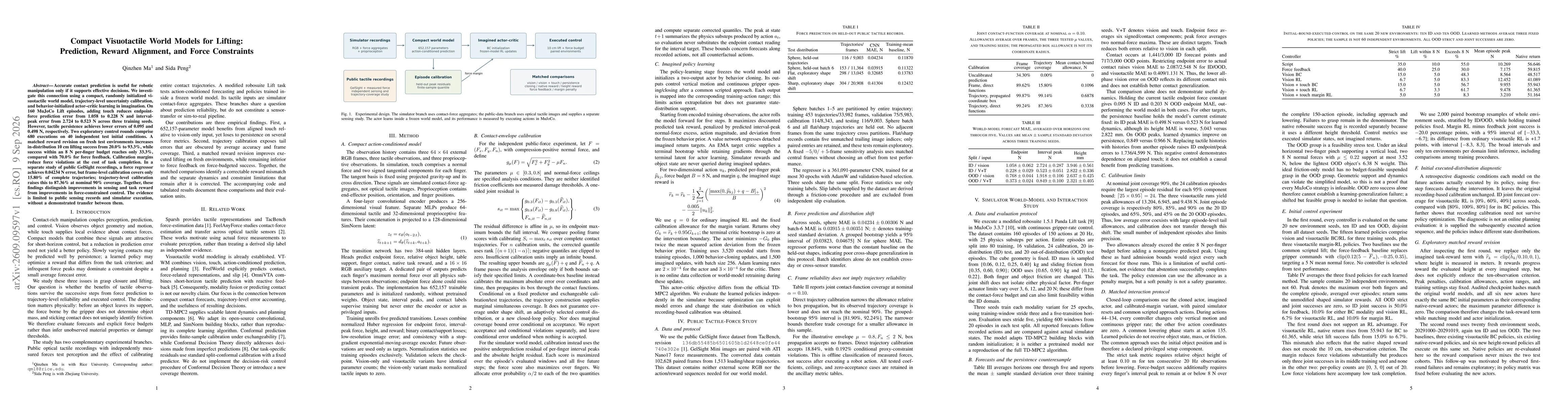 Thumbnail for Compact Visuotactile World Models for Lifting: Prediction, Reward Alignment, and Force Constraints
