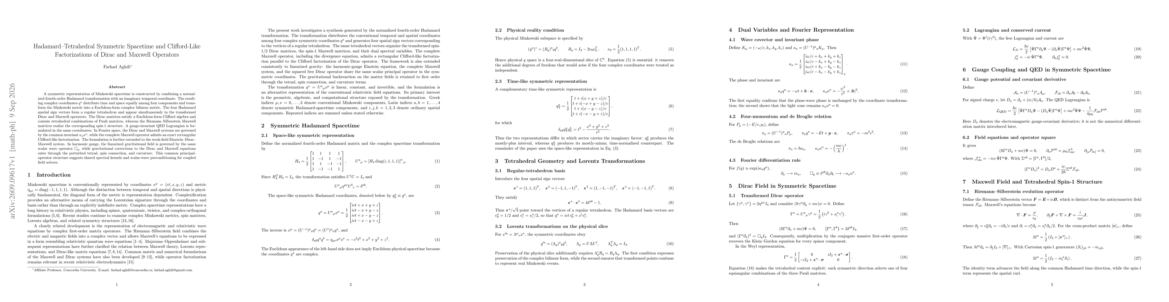 Thumbnail for Hadamard--Tetrahedral Symmetric Spacetime and Clifford-Like Factorizations of Dirac and Maxwell Operators