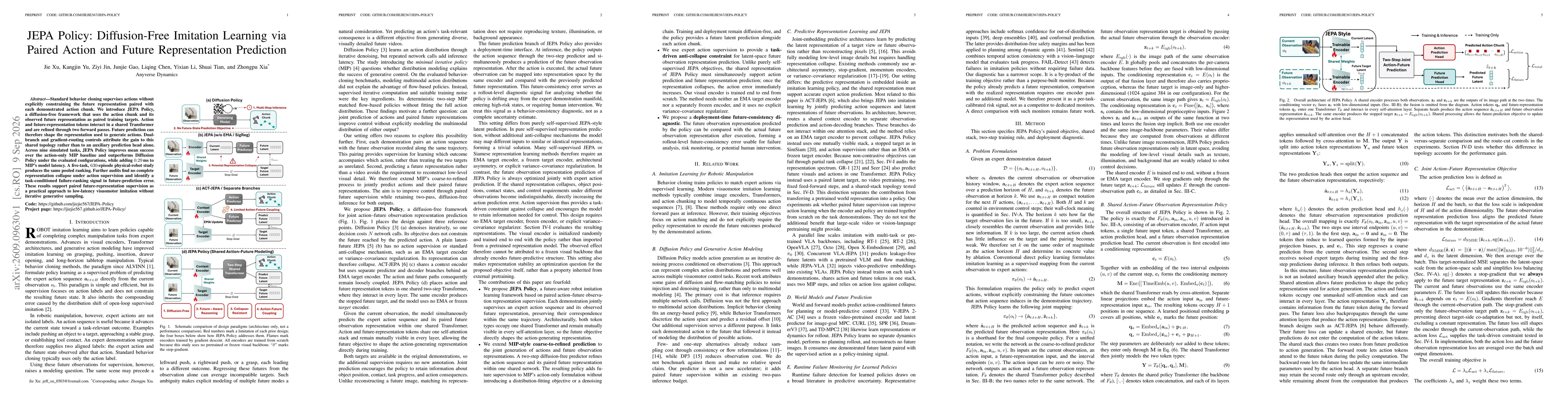 Thumbnail for JEPA Policy: Diffusion-Free Imitation Learning via Paired Action and Future Representation Prediction