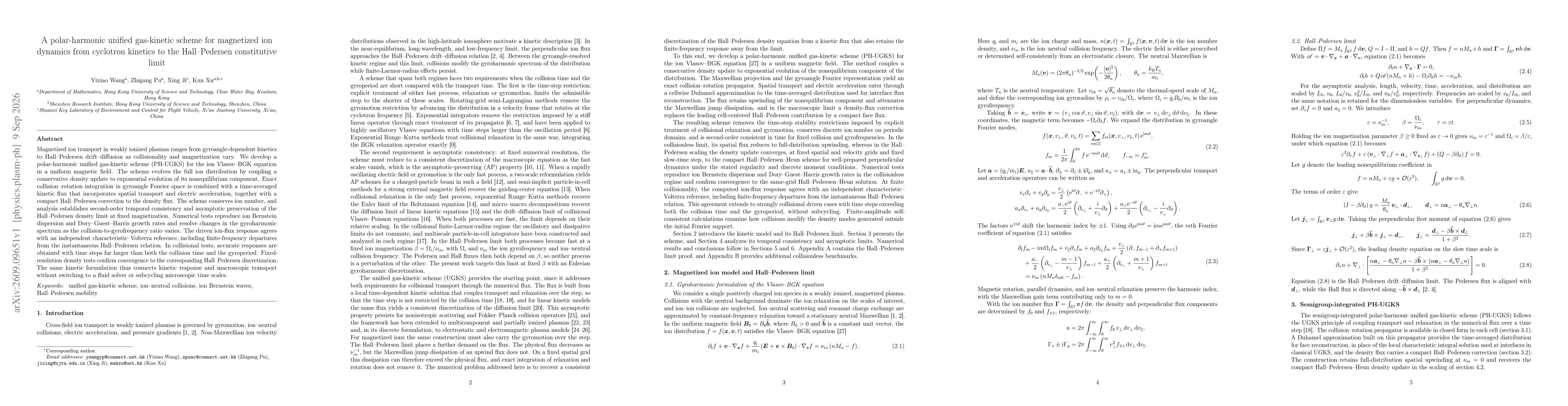 Thumbnail for A polar-harmonic unified gas-kinetic scheme for magnetized ion dynamics from cyclotron kinetics to the Hall-Pedersen constitutive limit
