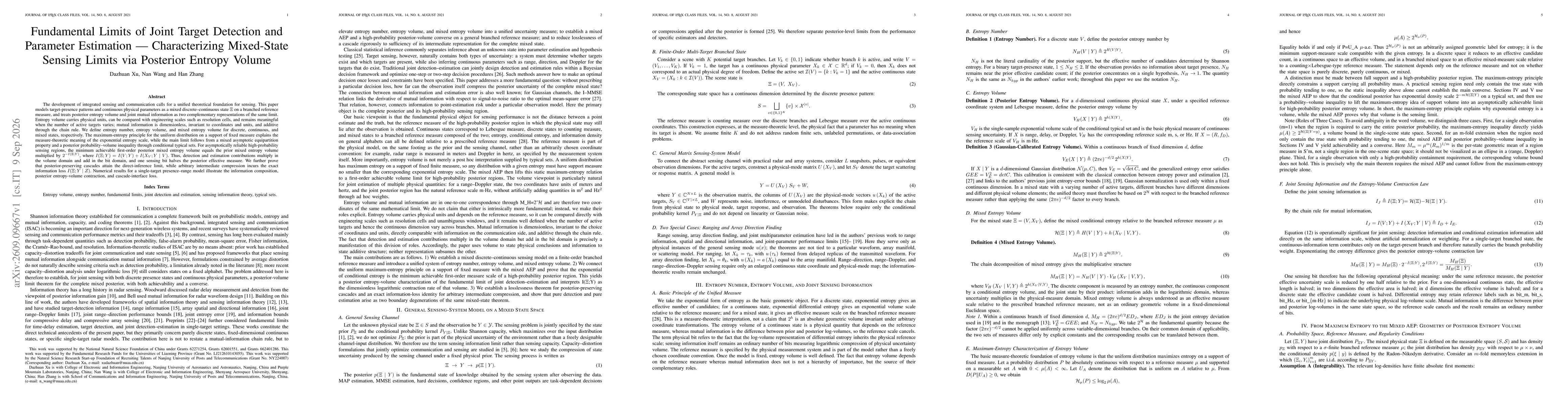 Thumbnail for Fundamental Limits of Joint Target Detection and Parameter Estimation - Characterizing Mixed-State Sensing Limits via Posterior Entropy Volume