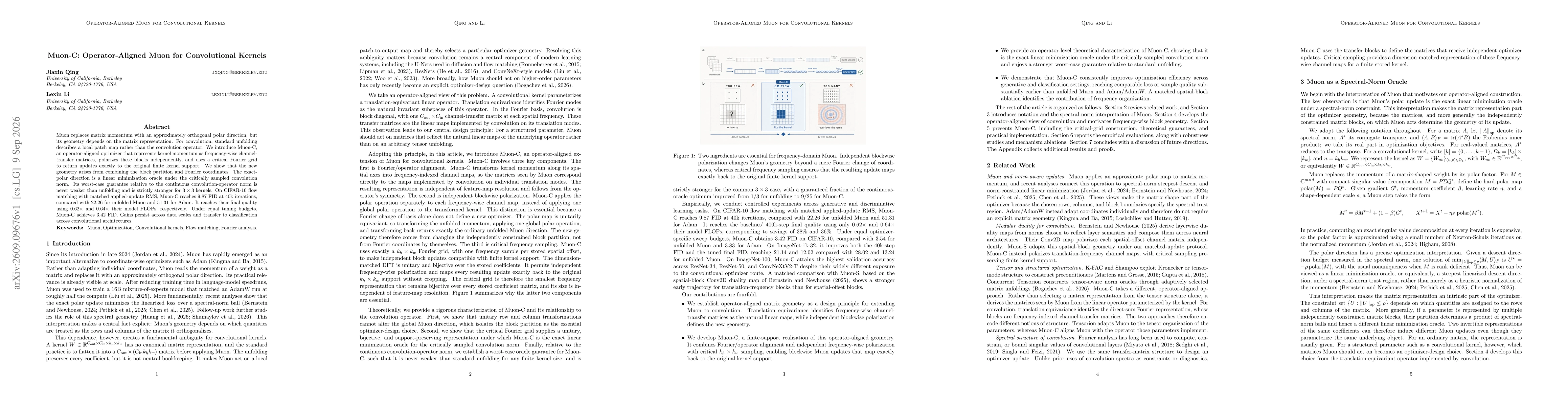 Thumbnail for Muon-C: Operator-Aligned Muon for Convolutional Kernels
