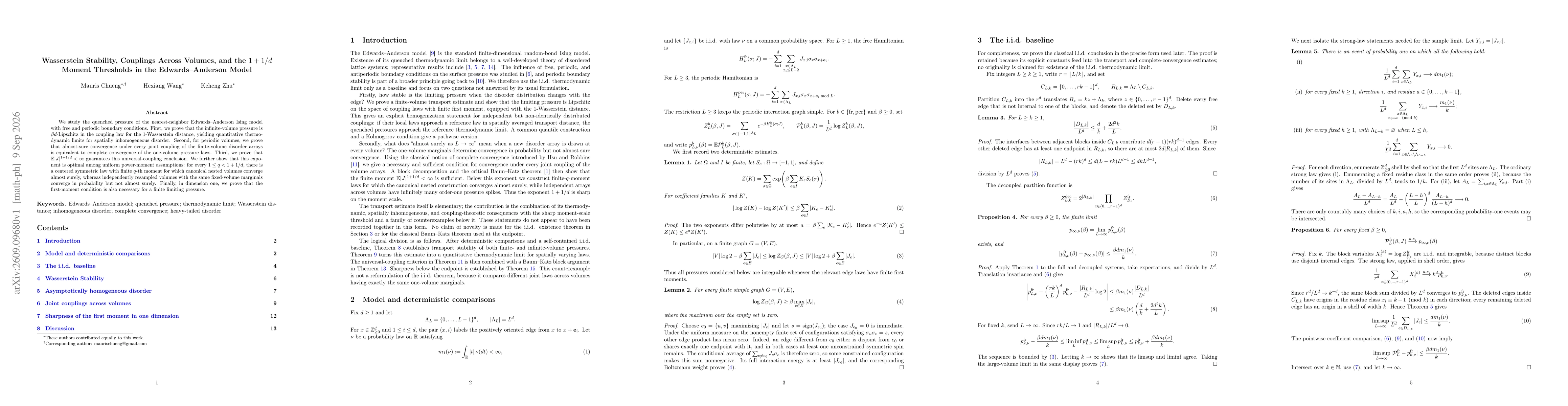 Thumbnail for Wasserstein Stability, Couplings Across Volumes, and the $1+1/d$ Moment Thresholds in the Edwards--Anderson Model