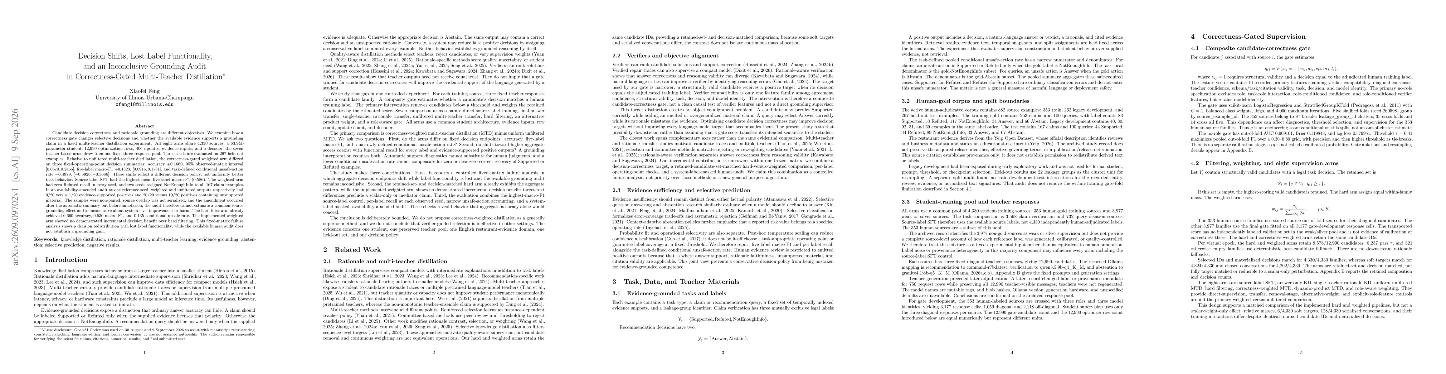 Thumbnail for Decision Shifts, Lost Label Functionality, and an Inconclusive Grounding Audit in Correctness-Gated Multi-Teacher Distillation