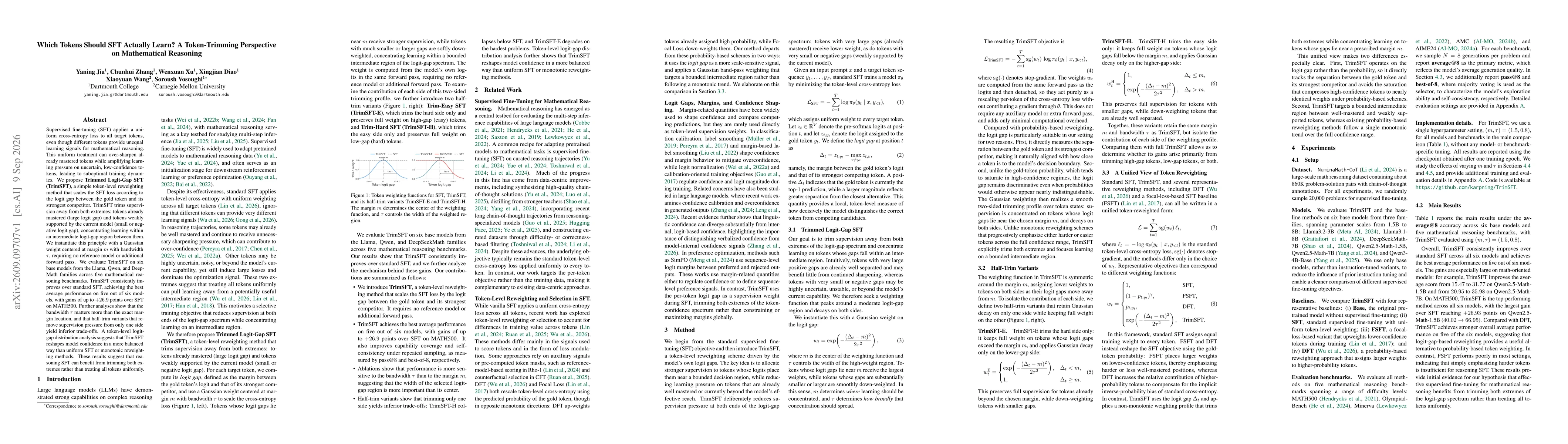 Thumbnail for Which Tokens Should SFT Actually Learn? A Token-Trimming Perspective on Mathematical Reasoning