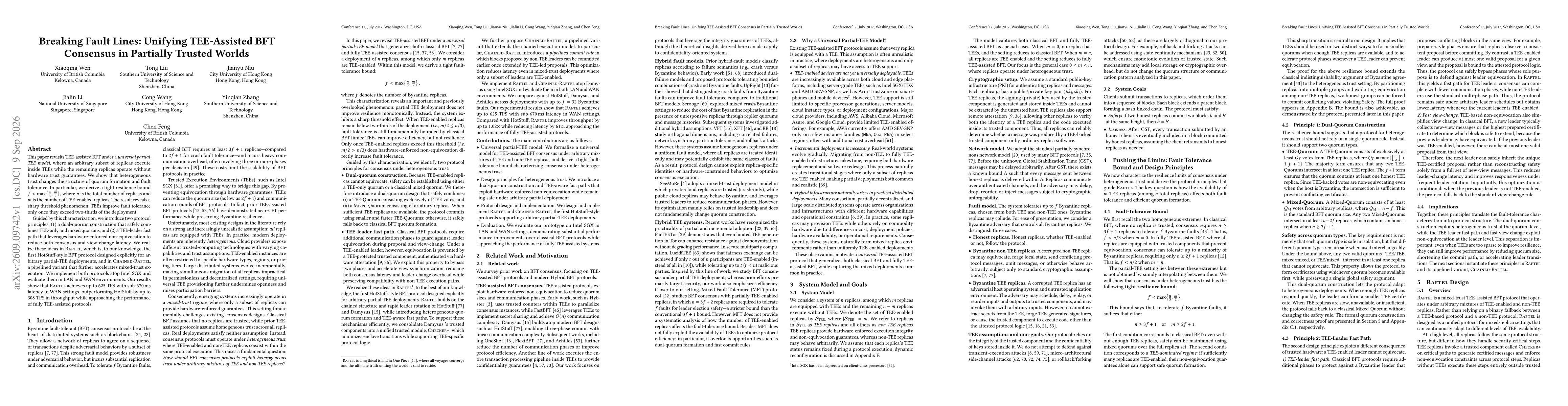 Thumbnail for Breaking Fault Lines: Unifying TEE-Assisted BFT Consensus in Partially Trusted Worlds