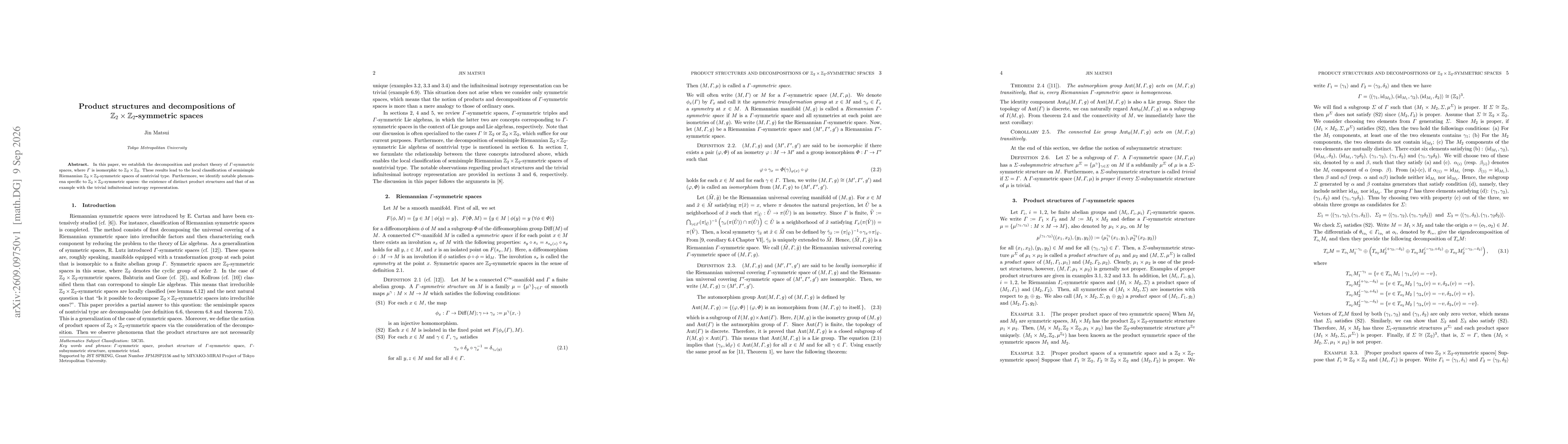 Thumbnail for Product structures and decompositions of $\mathbb{Z}_2\times\mathbb{Z}_2$-symmetric spaces