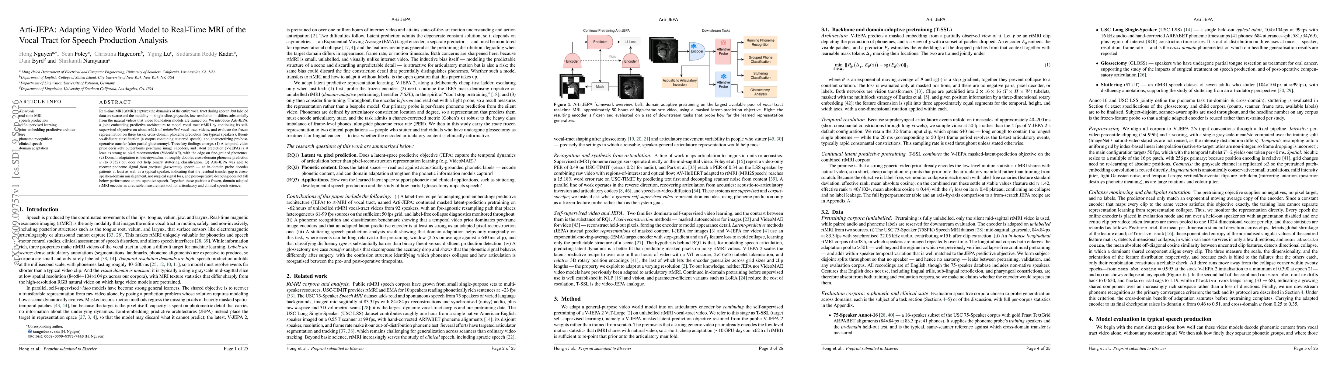 Thumbnail for Arti-JEPA: Adapting Video World Model to Real-Time MRI of the Vocal Tract for Speech-Production Analysis