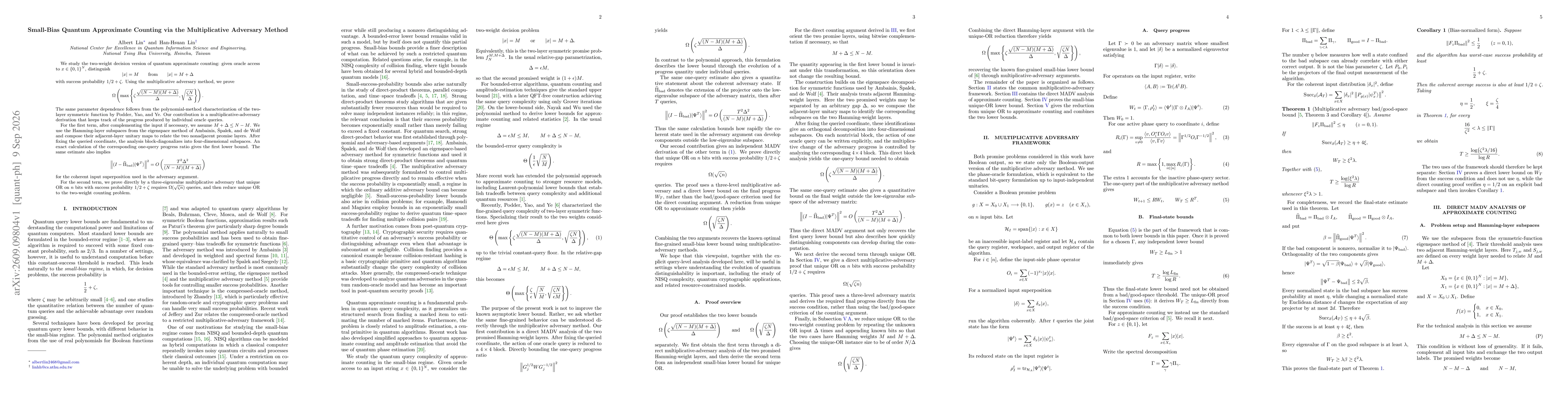 Thumbnail for Small-Bias Quantum Approximate Counting via the Multiplicative Adversary Method