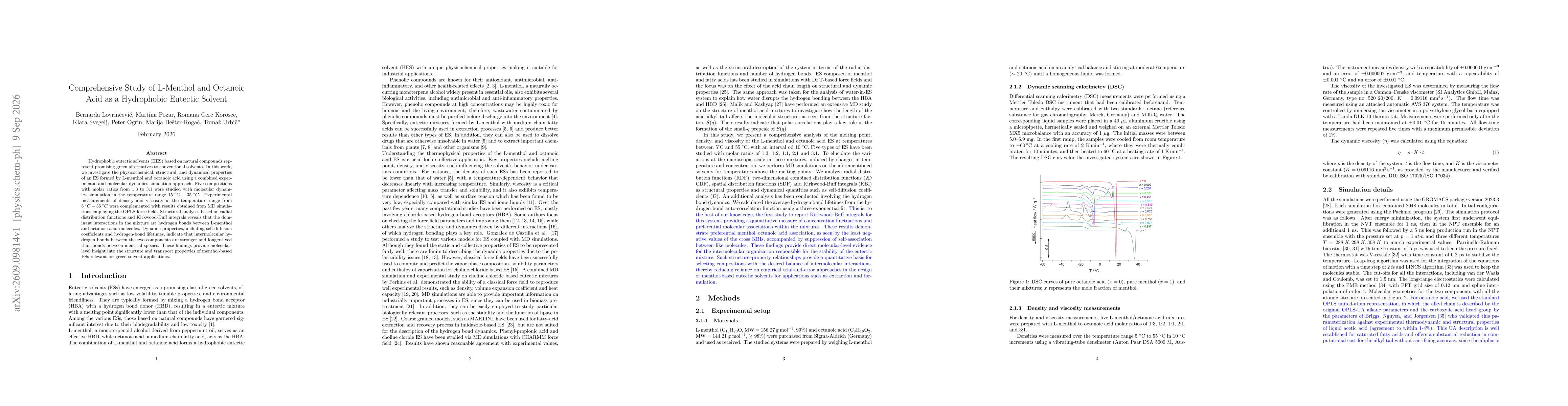 Thumbnail for Comprehensive Study of L-Menthol and Octanoic Acid as a Hydrophobic Eutectic Solvent