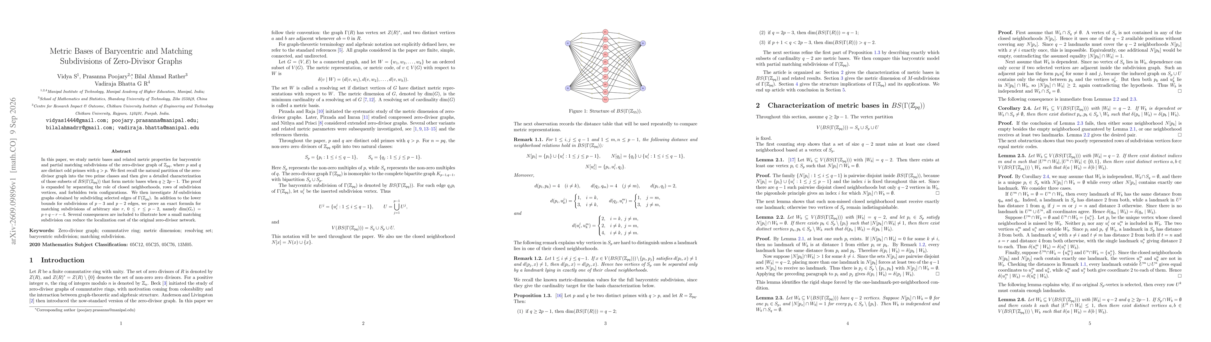 Thumbnail for Metric Bases of Barycentric and Matching Subdivisions of Zero-Divisor Graphs