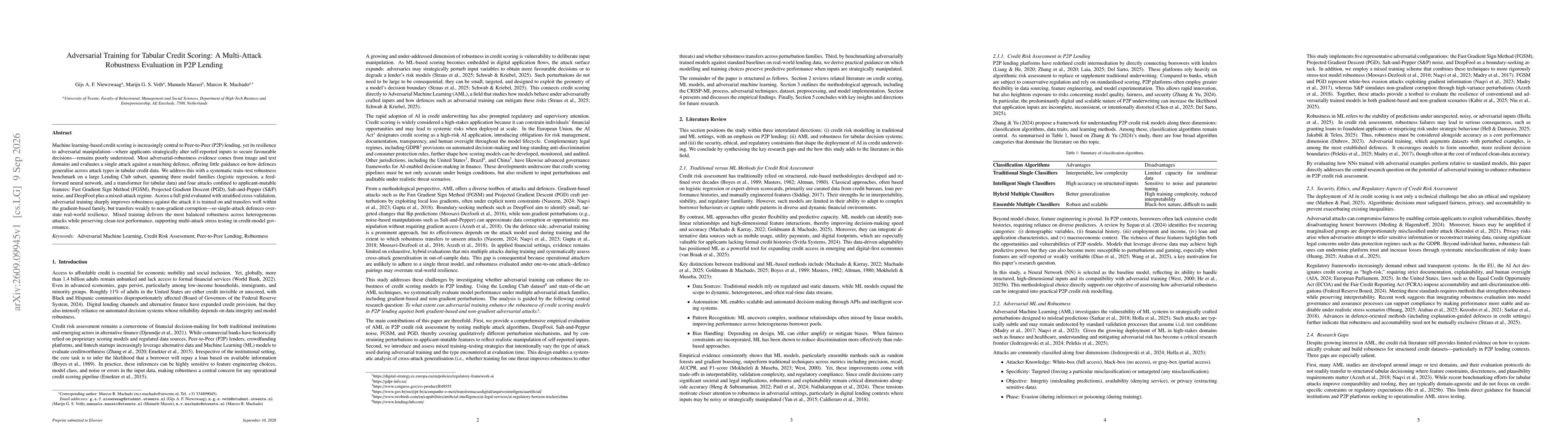 Thumbnail for Adversarial Training for Tabular Credit Scoring: A Multi-Attack Robustness Evaluation in P2P Lending