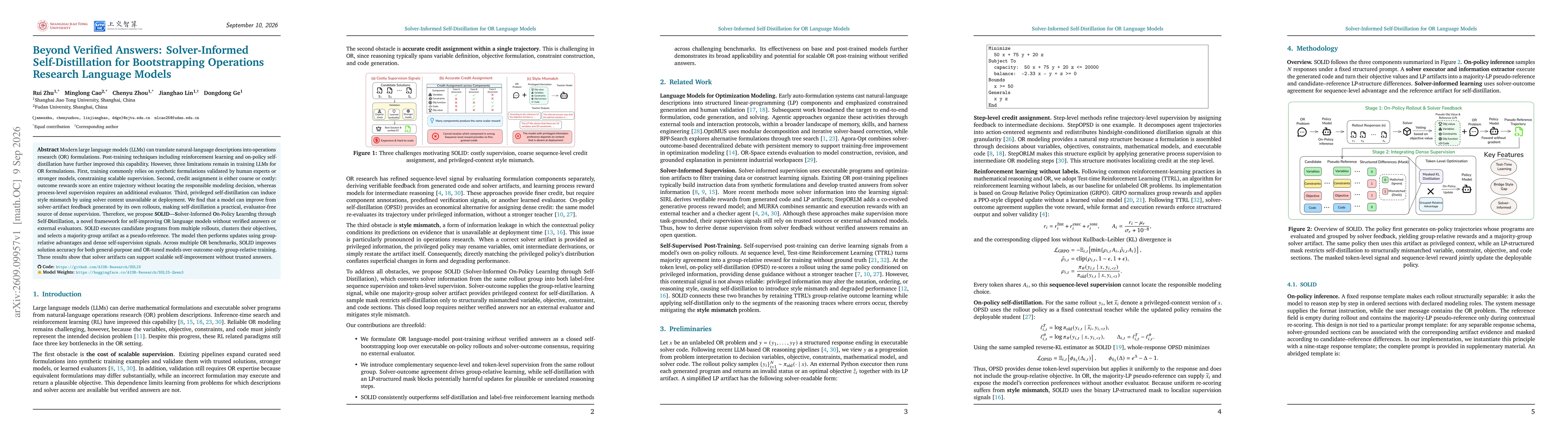Thumbnail for Beyond Verified Answers: Solver-Informed Self-Distillation for Bootstrapping Operations Research Language Models