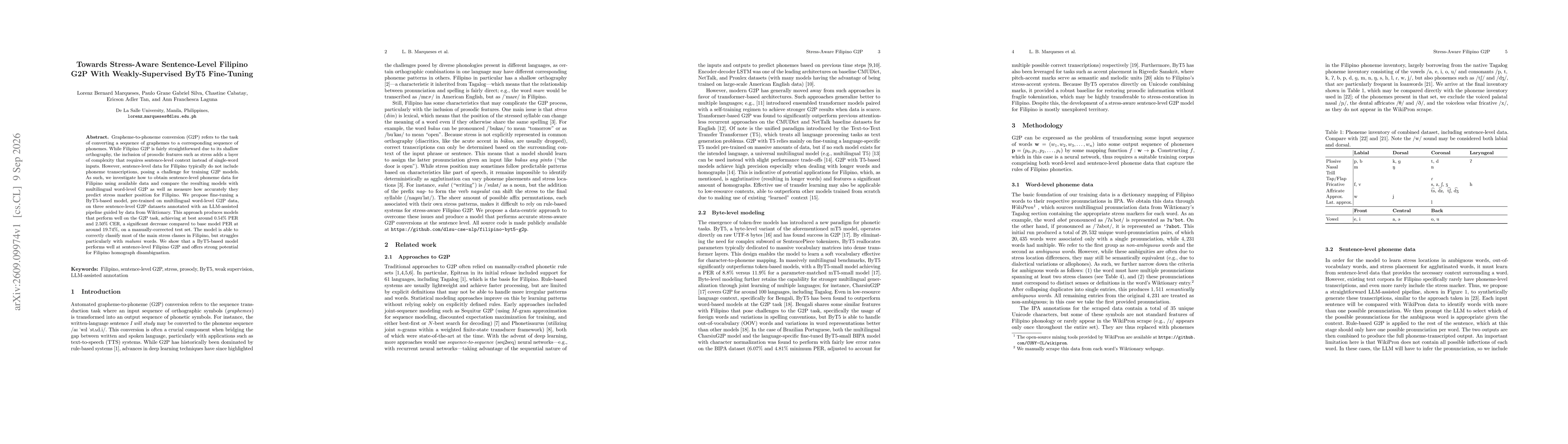 Thumbnail for Towards Stress-Aware Sentence-Level Filipino G2P With Weakly-Supervised ByT5 Fine-Tuning