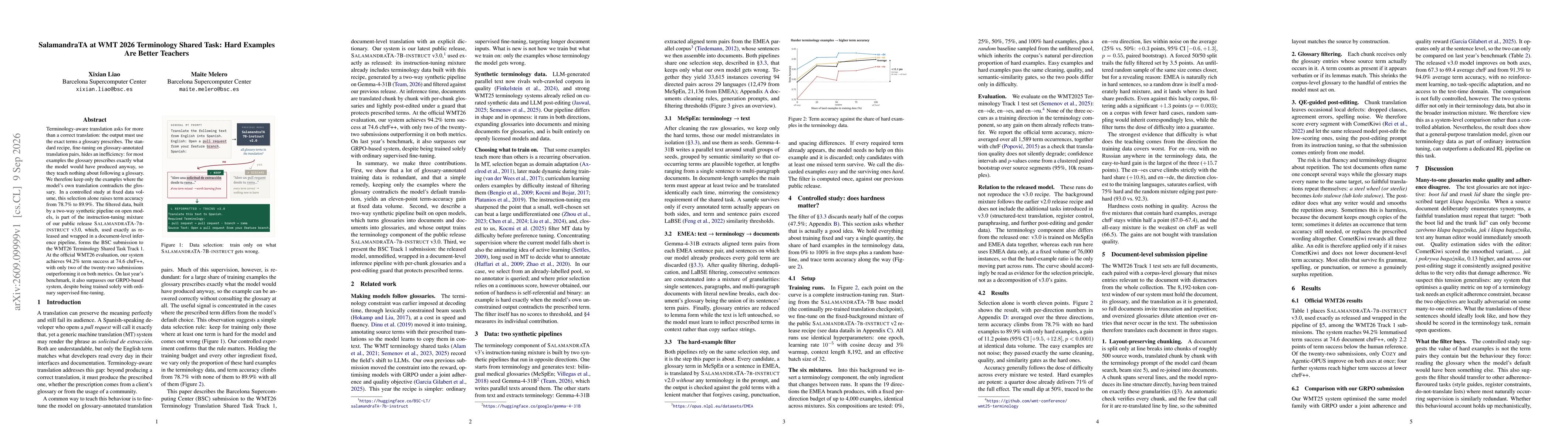 Thumbnail for SalamandraTA at WMT 2026 Terminology Shared Task: Hard Examples Are Better Teachers