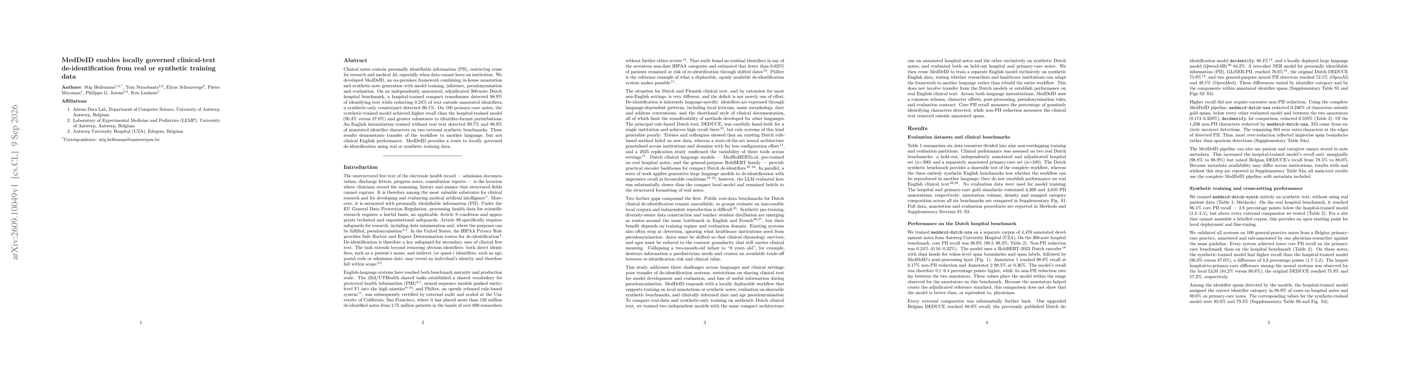 Thumbnail for MedDeID enables locally governed clinical-text de-identification from real or synthetic training data