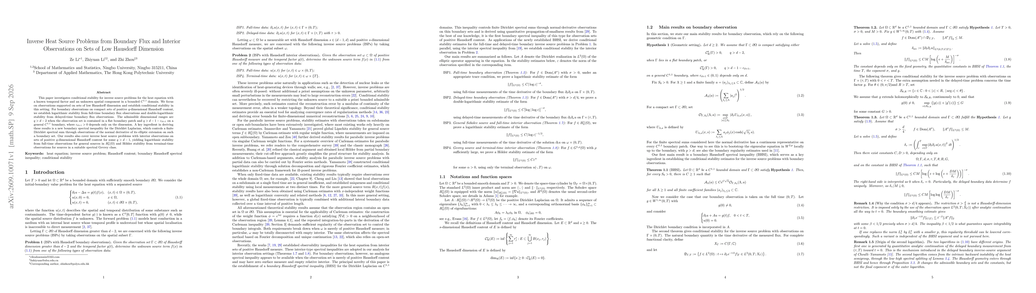 Thumbnail for Inverse Heat Source Problems from Boundary Flux and Interior Observations on Sets of Low Hausdorff Dimension