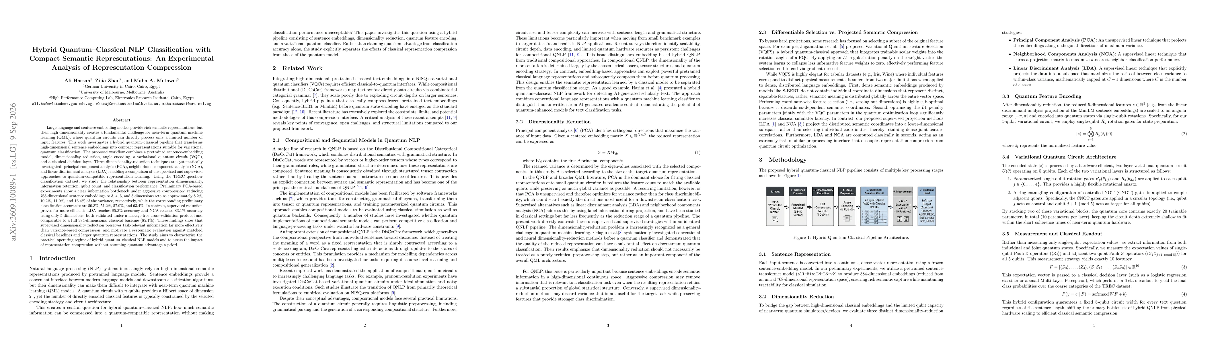 Thumbnail for Hybrid Quantum-Classical NLP Classification with Compact Semantic Representations: An Experimental Analysis of Representation Compression