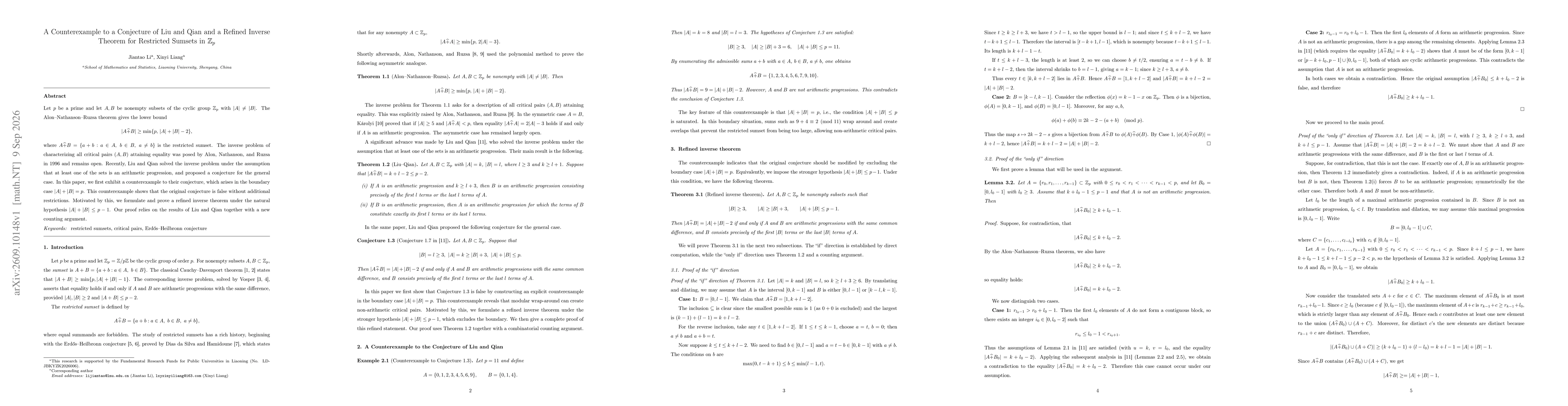 Thumbnail for A Counterexample to a Conjecture of Liu and Qian and a Refined Inverse Theorem for Restricted Sumsets in $\mathbb{Z}_p$