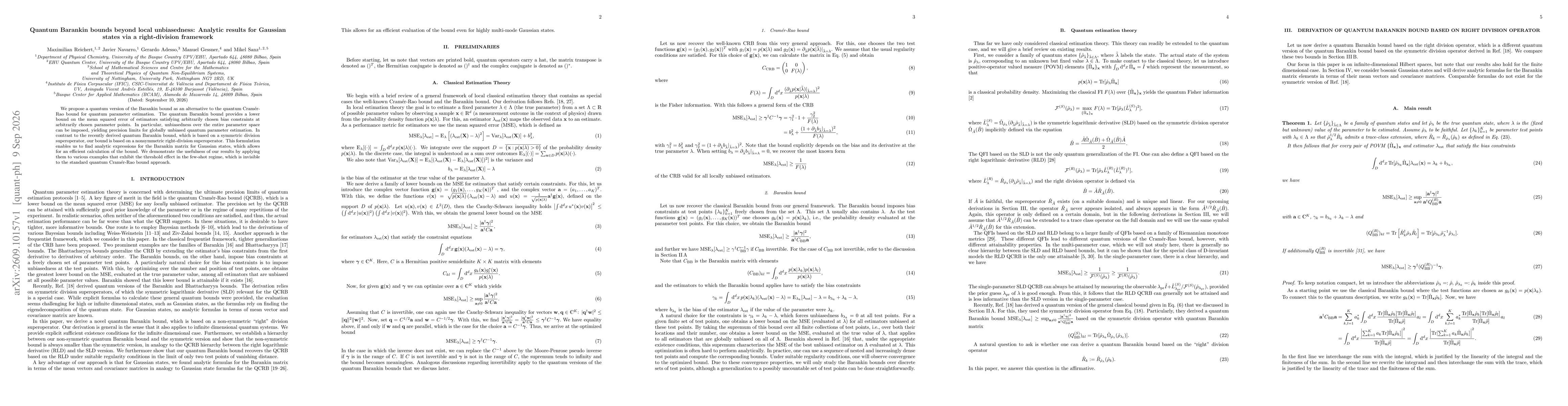 Thumbnail for Quantum Barankin bounds beyond local unbiasedness: Analytic results for Gaussian states via a right-division framework
