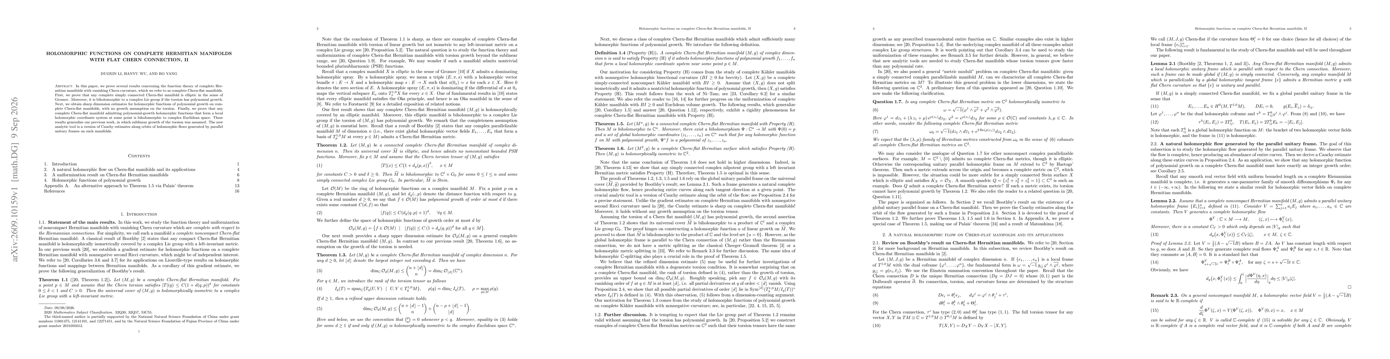 Thumbnail for Holomorphic functions on complete Hermitian manifolds with flat Chern connection, II