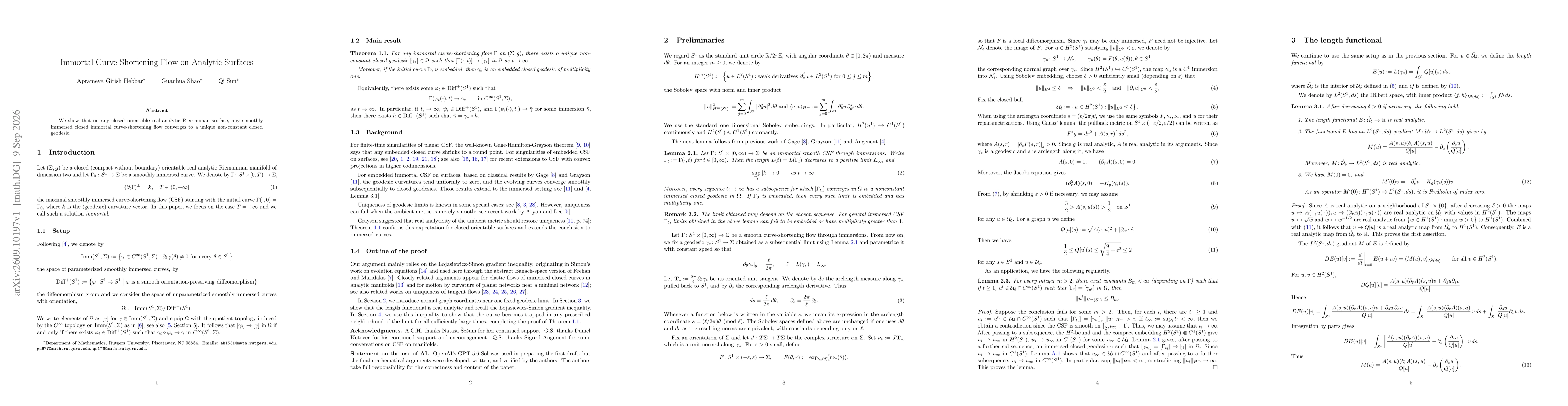 Thumbnail for Immortal Curve Shortening Flow on Analytic Surfaces