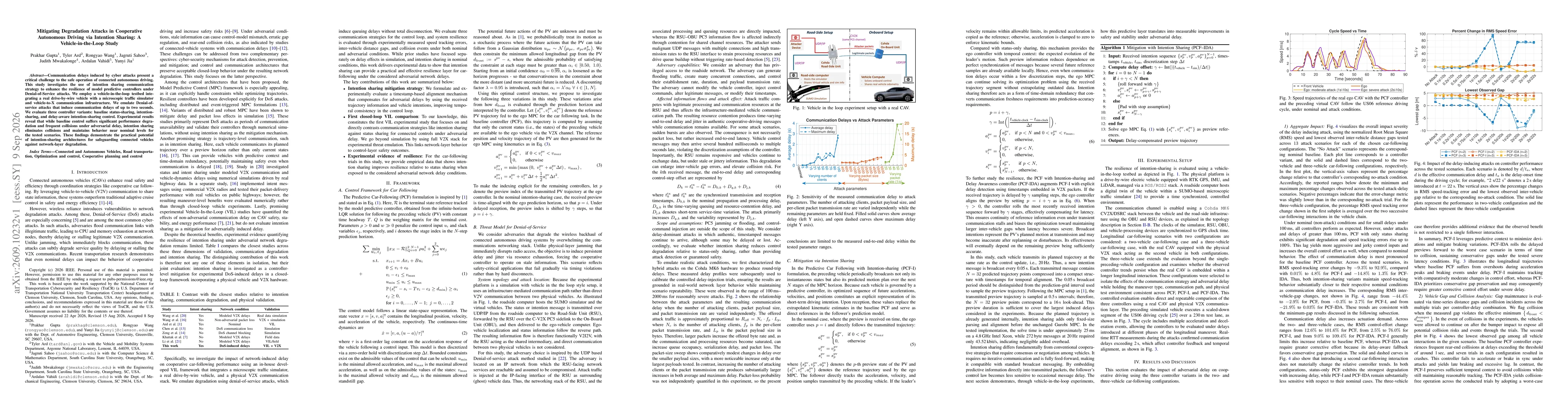 Thumbnail for Mitigating Degradation Attacks in Cooperative Autonomous Driving via Intention Sharing: A Vehicle-in-the-Loop Study