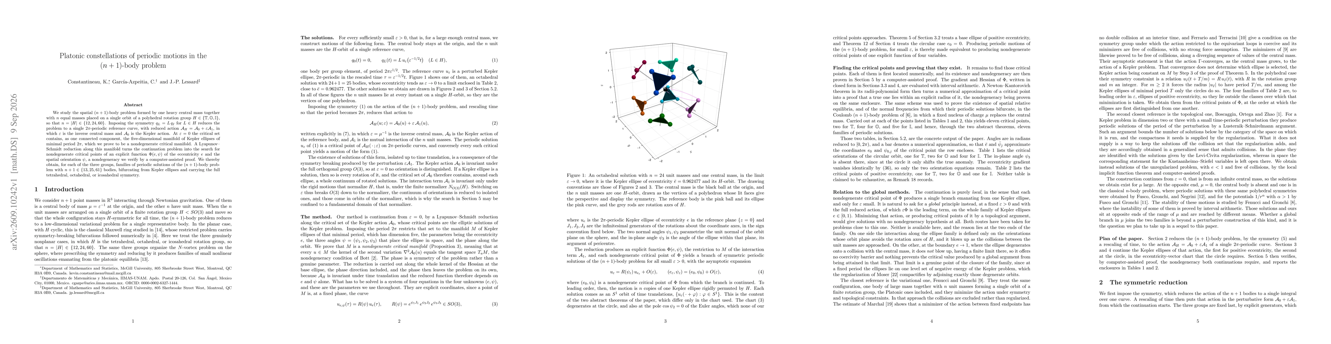Thumbnail for Platonic constellations of periodic motions in the $(n + 1)$-body problem