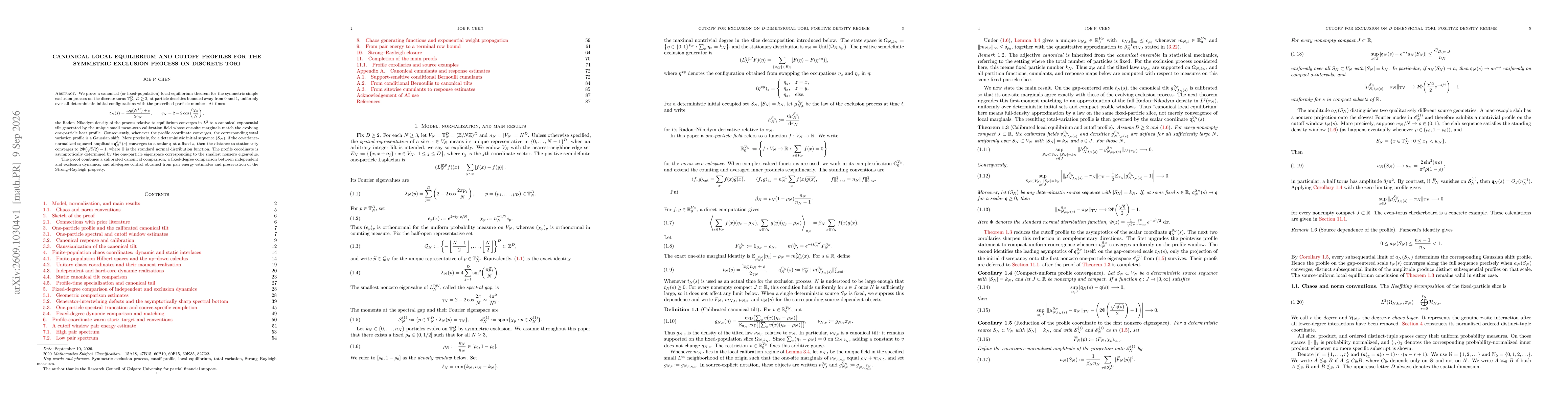Thumbnail for Canonical Local Equilibrium and Cutoff Profiles for the Symmetric Exclusion Process on Discrete Tori