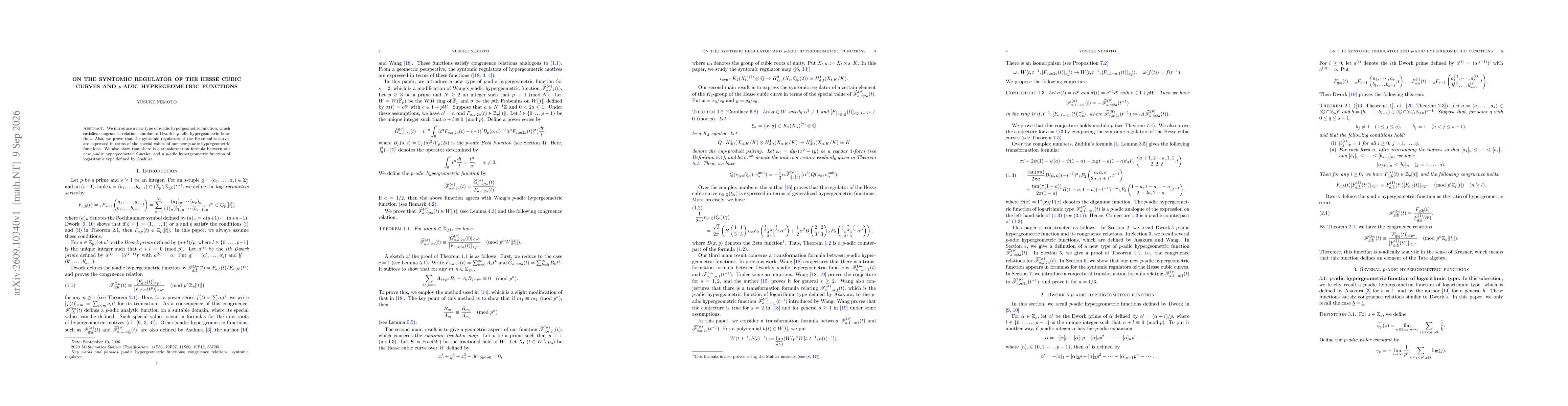 Thumbnail for On the syntomic regulator of the Hesse cubic curves and $p$-adic hypergeometric functions