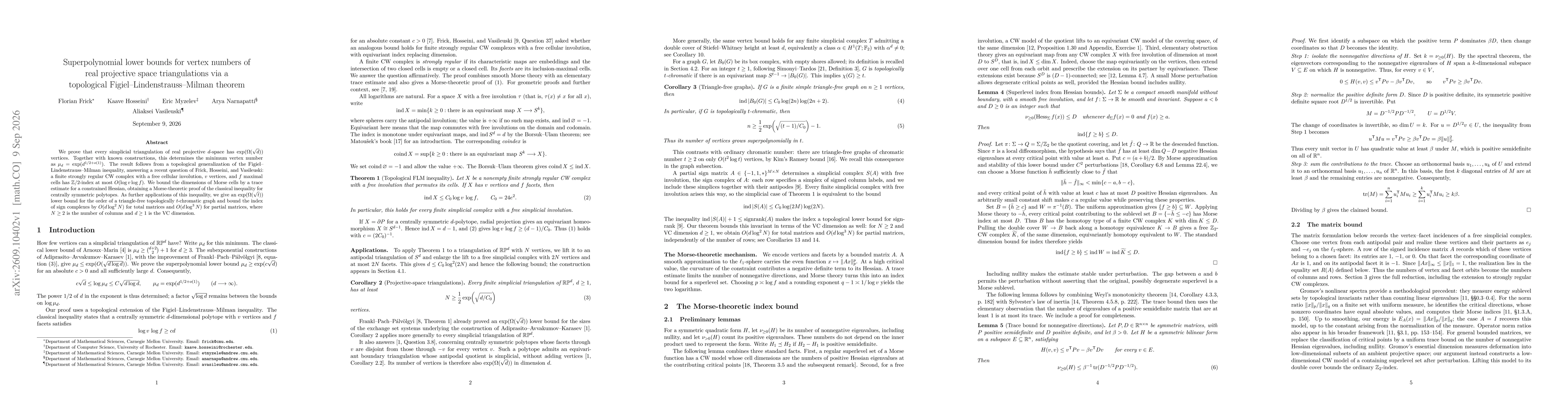 Thumbnail for Superpolynomial lower bounds for vertex numbers of real projective space triangulations via a topological Figiel-Lindenstrauss-Milman theorem