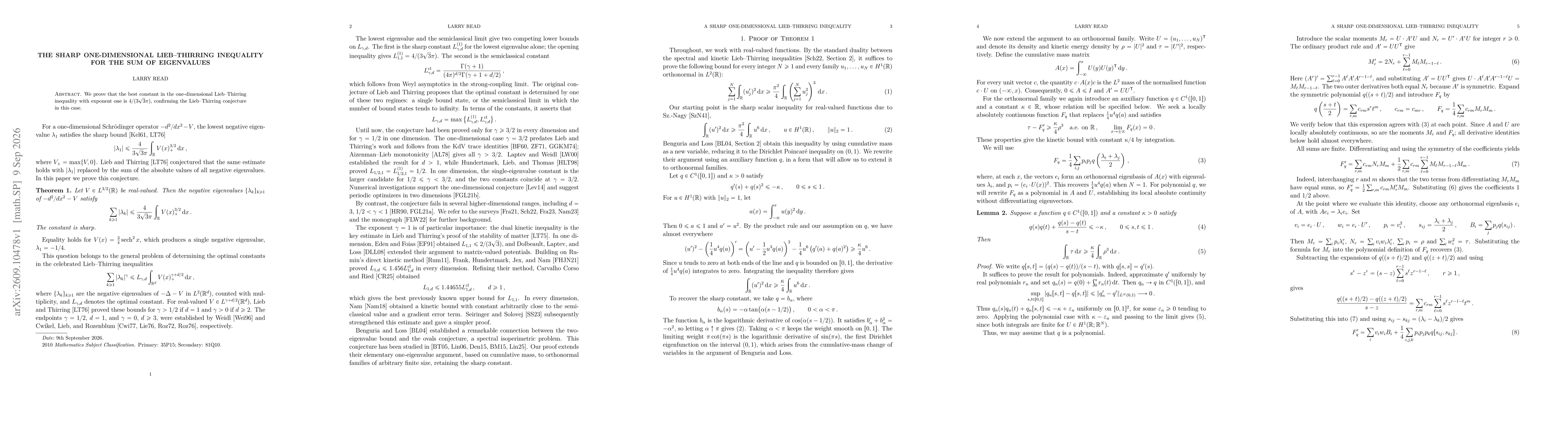 Thumbnail for The sharp one-dimensional Lieb-Thirring inequality for the sum of eigenvalues