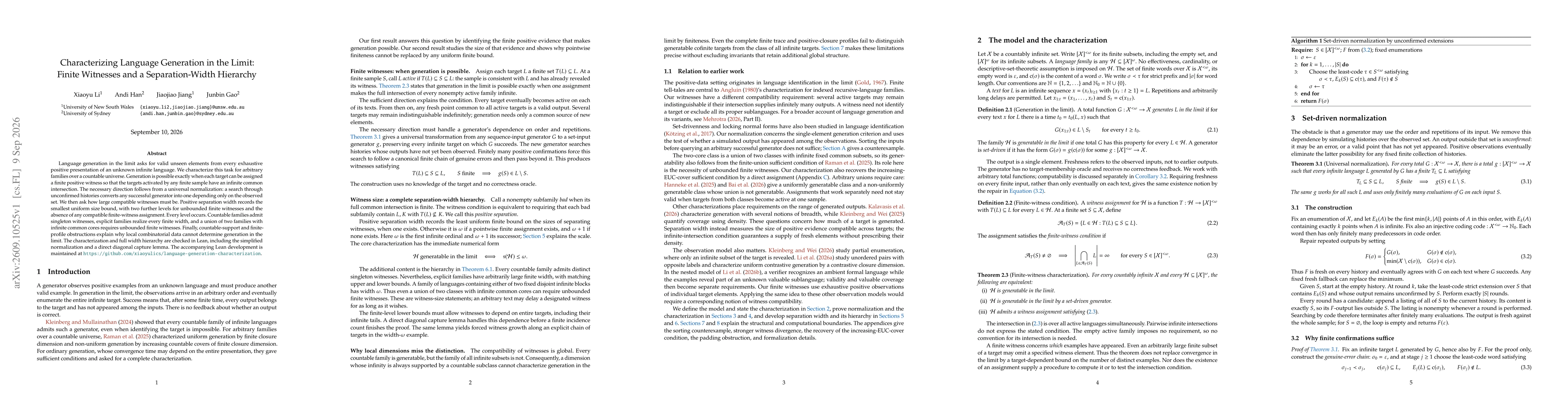 Thumbnail for Characterizing Language Generation in the Limit: Finite Witnesses and a Separation-Width Hierarch