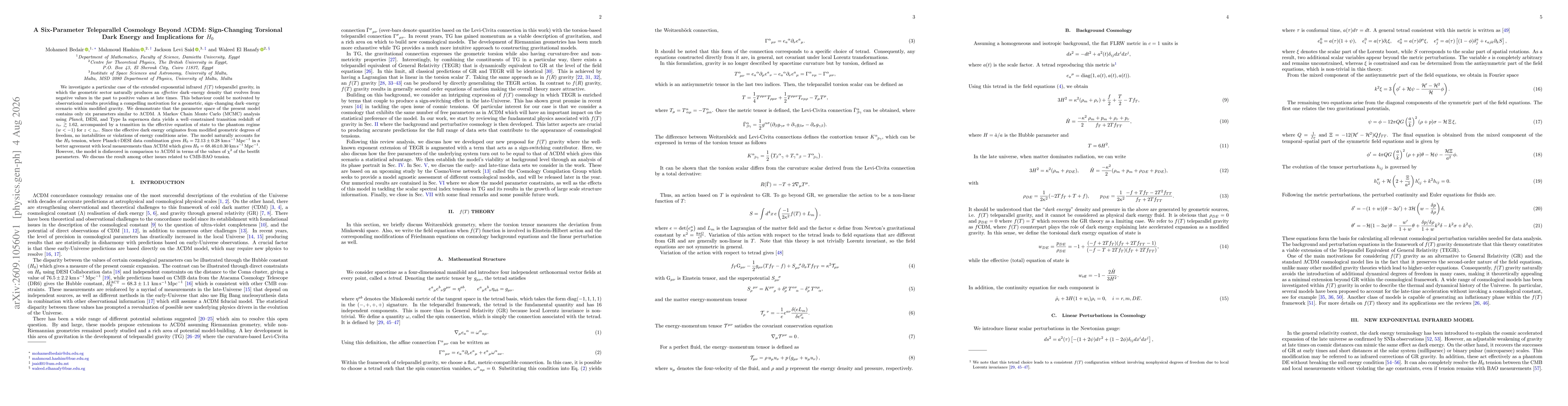 Thumbnail for A Six-Parameter Teleparallel Cosmology Beyond $Λ$CDM: Sign-Changing Torsional Dark Energy and Implications for $H_0$