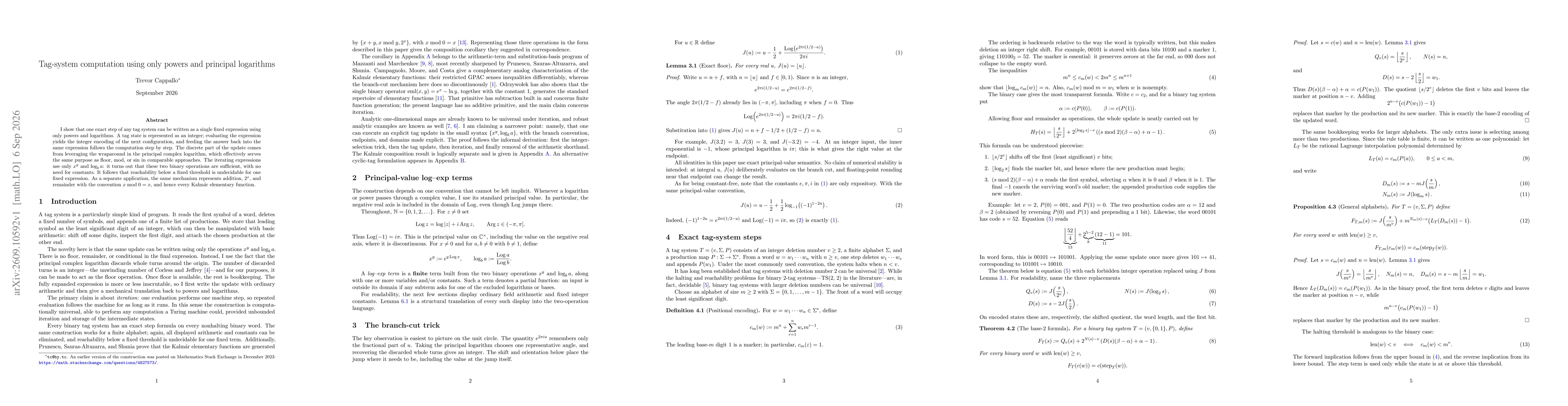 Thumbnail for Tag-system computation using only powers and principal logarithms