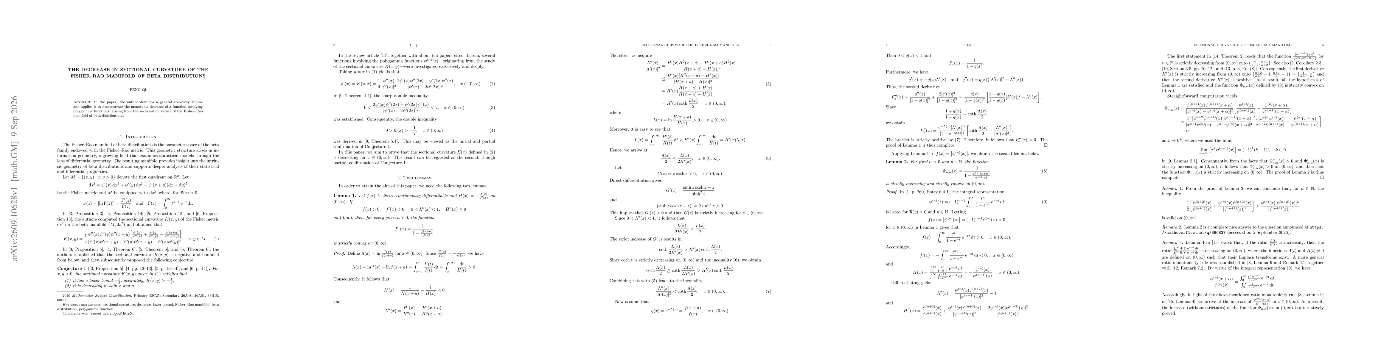 Thumbnail for The decrease in sectional curvature of the Fisher--Rao manifold of beta distributions